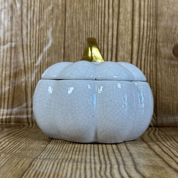 Ceramic Pumpkin Decorative Bowl with Lid White 6” - Picture 4 of 11